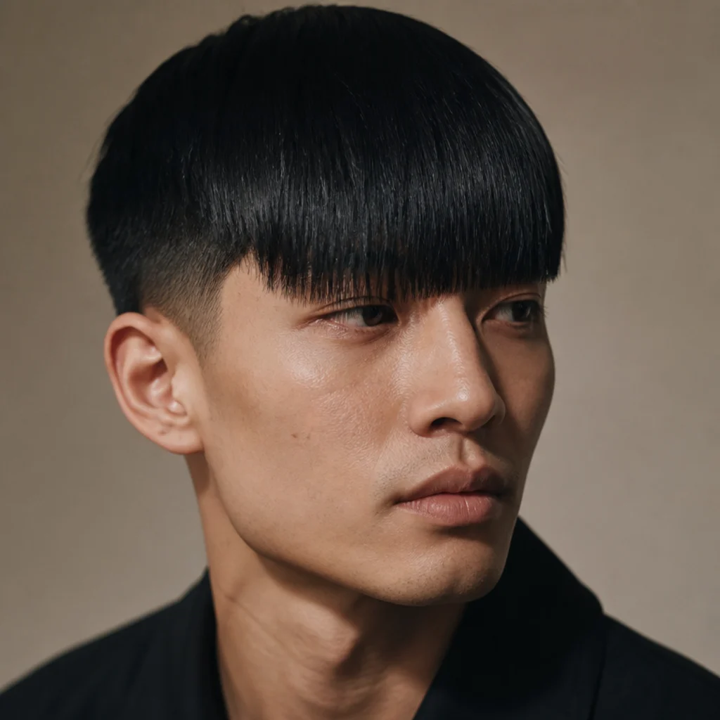 Three-quarter view of a man with a long straight edgar fringe reaching the eyebrows and a restrained low fade on a muted taupe background