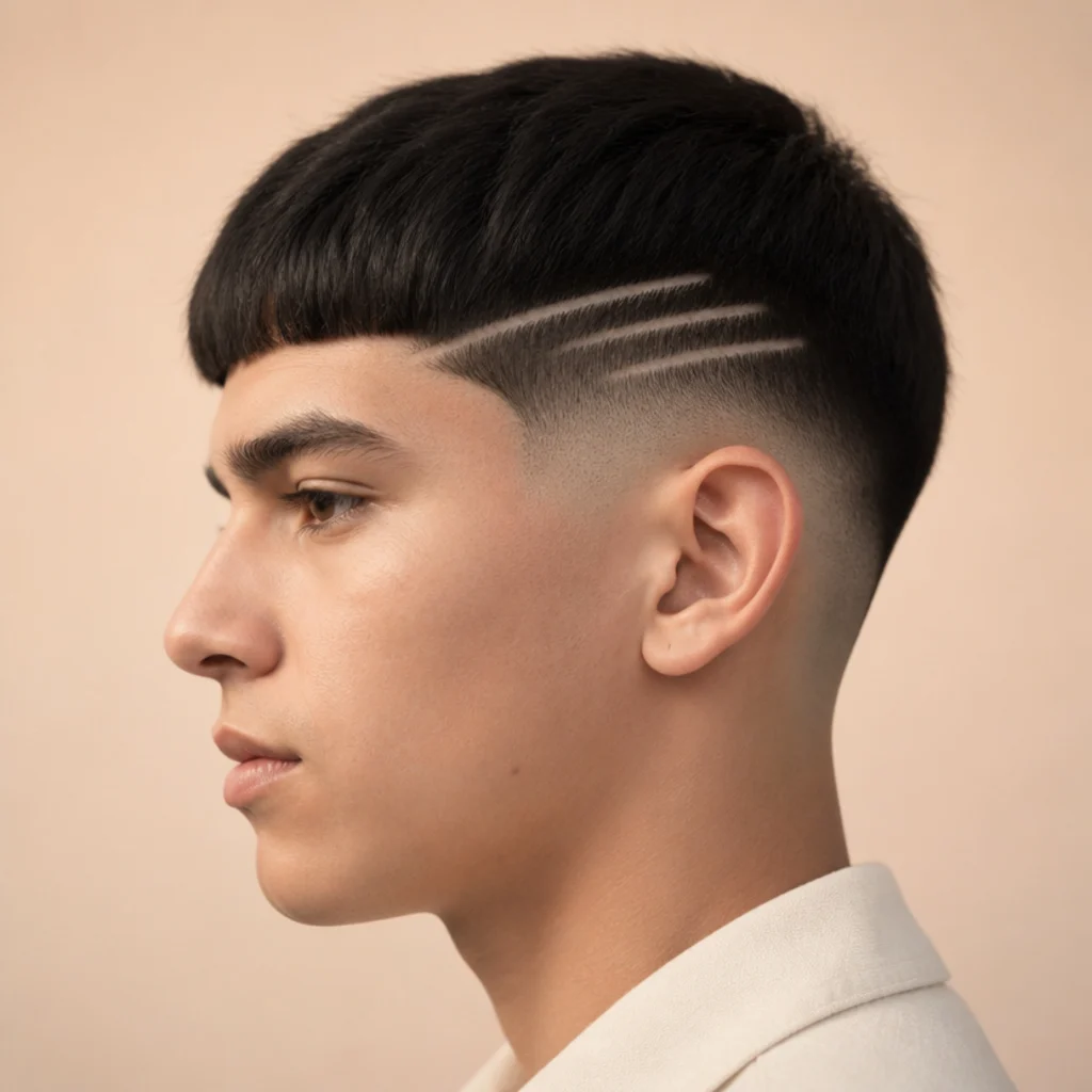 Side profile of a man with an edgar cut featuring carved parallel geometric design lines above a clean taper fade on a warm ivory backdrop