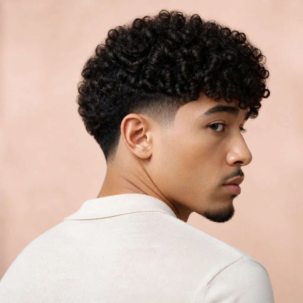 Back-three-quarter angle of a man with a curly edgar cut and a high taper exposing tight curls standing tall up top on a muted blush background
