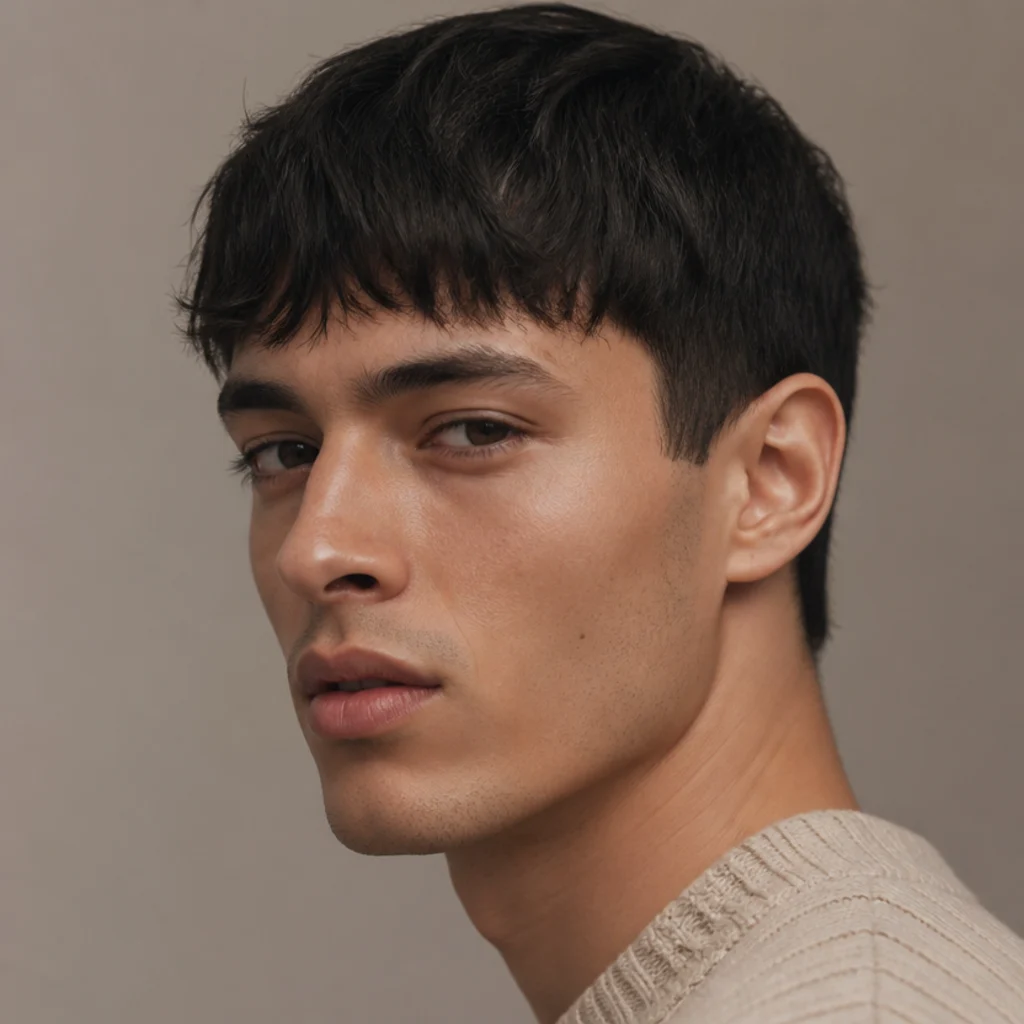 Three-quarter view of a man with a soft, lightly blunt edgar fringe and gently tapered sides on a taupe background