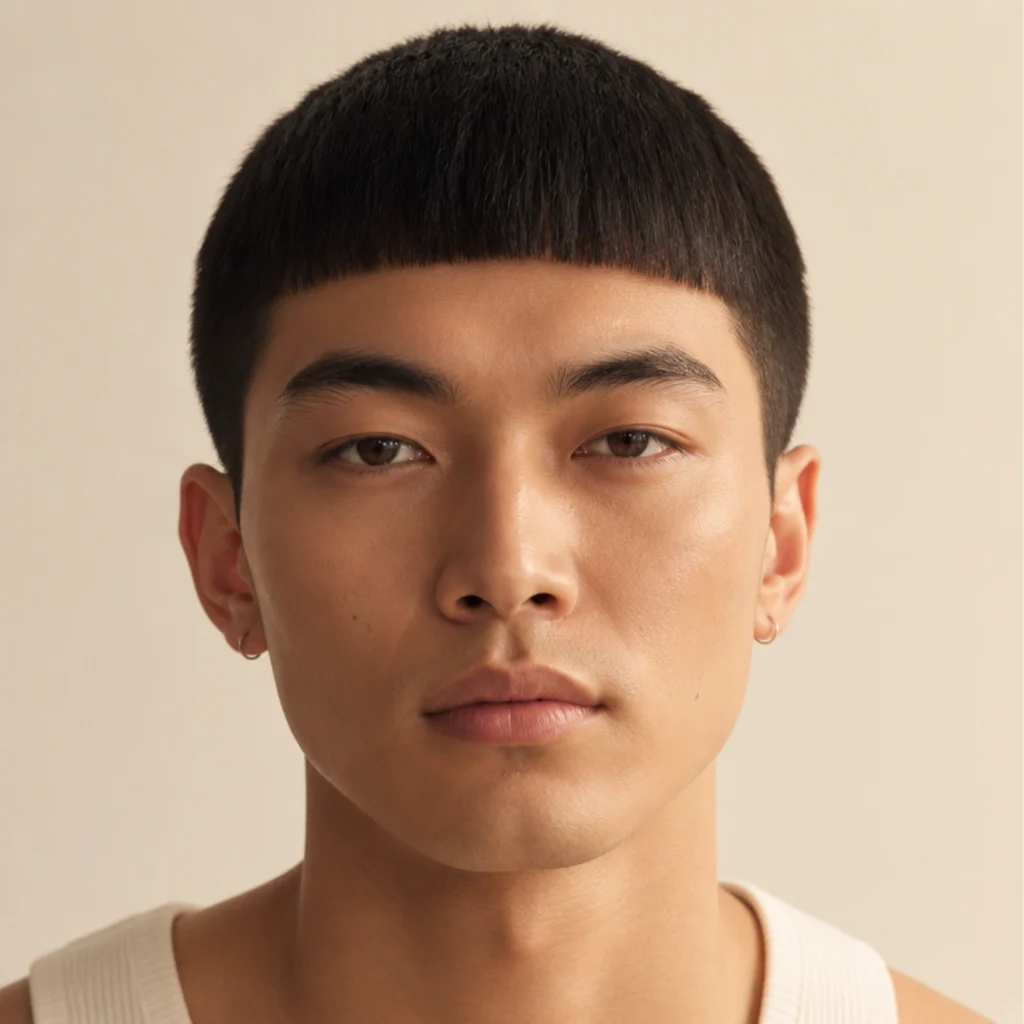 Front-facing studio portrait of a man with a sharp straight-across blunt edgar fringe and cropped sides on warm ivory background