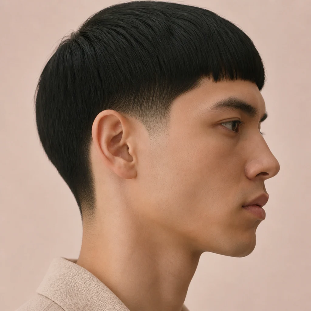 Side profile of a man with sleek edgar cut straight hair, blunt fringe and clean neckline on blush-toned background