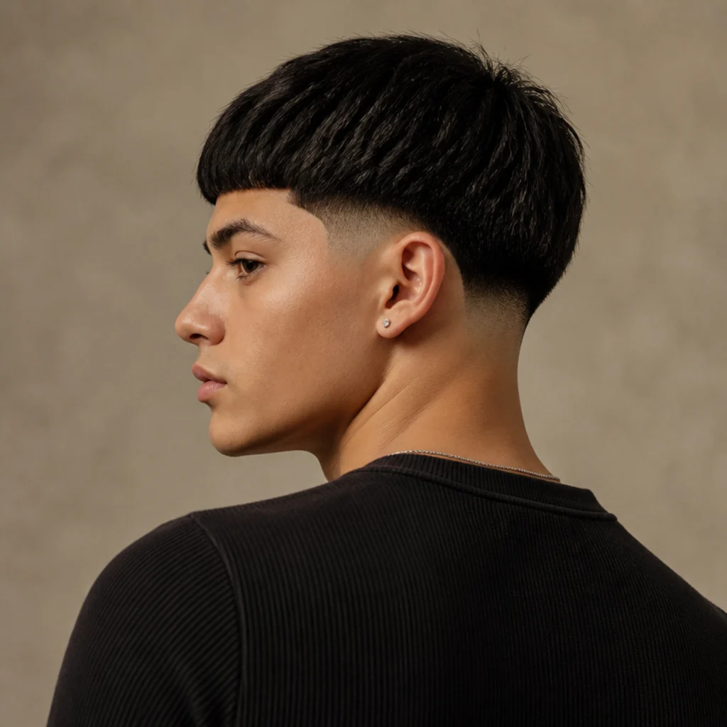 Three-quarter back view of a man with a blunt edgar fringe transitioning into a low taper fade around the ears on taupe background