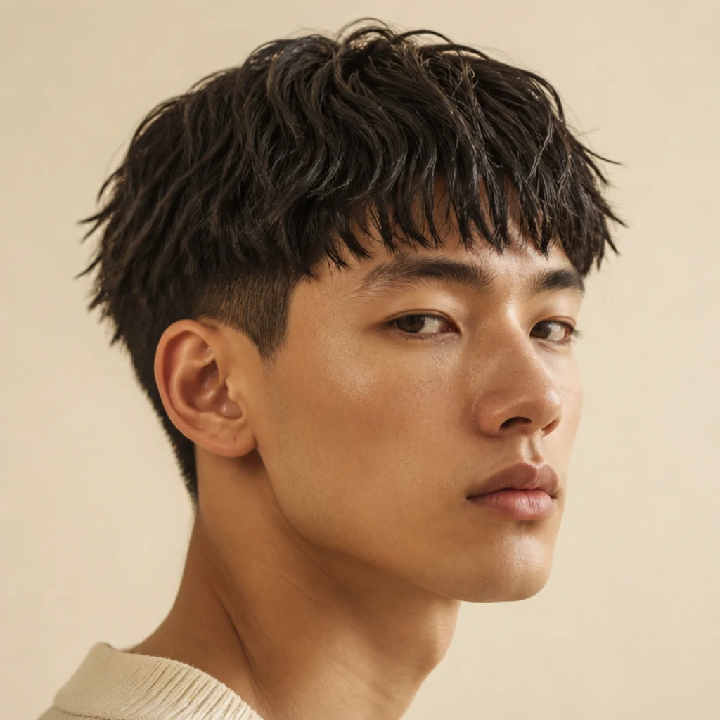 Close three-quarter view of a man with a textured edgar cut, piecey blunt fringe and soft wave definition on warm ivory background