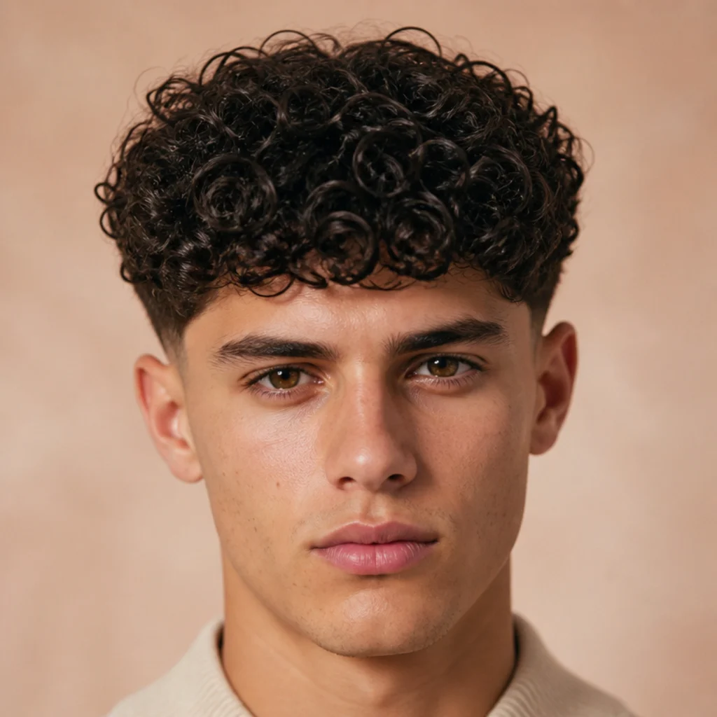 Front view of a man with a curly edgar cut, defined curls up top and a blunt curly fringe with faded sides on blush background