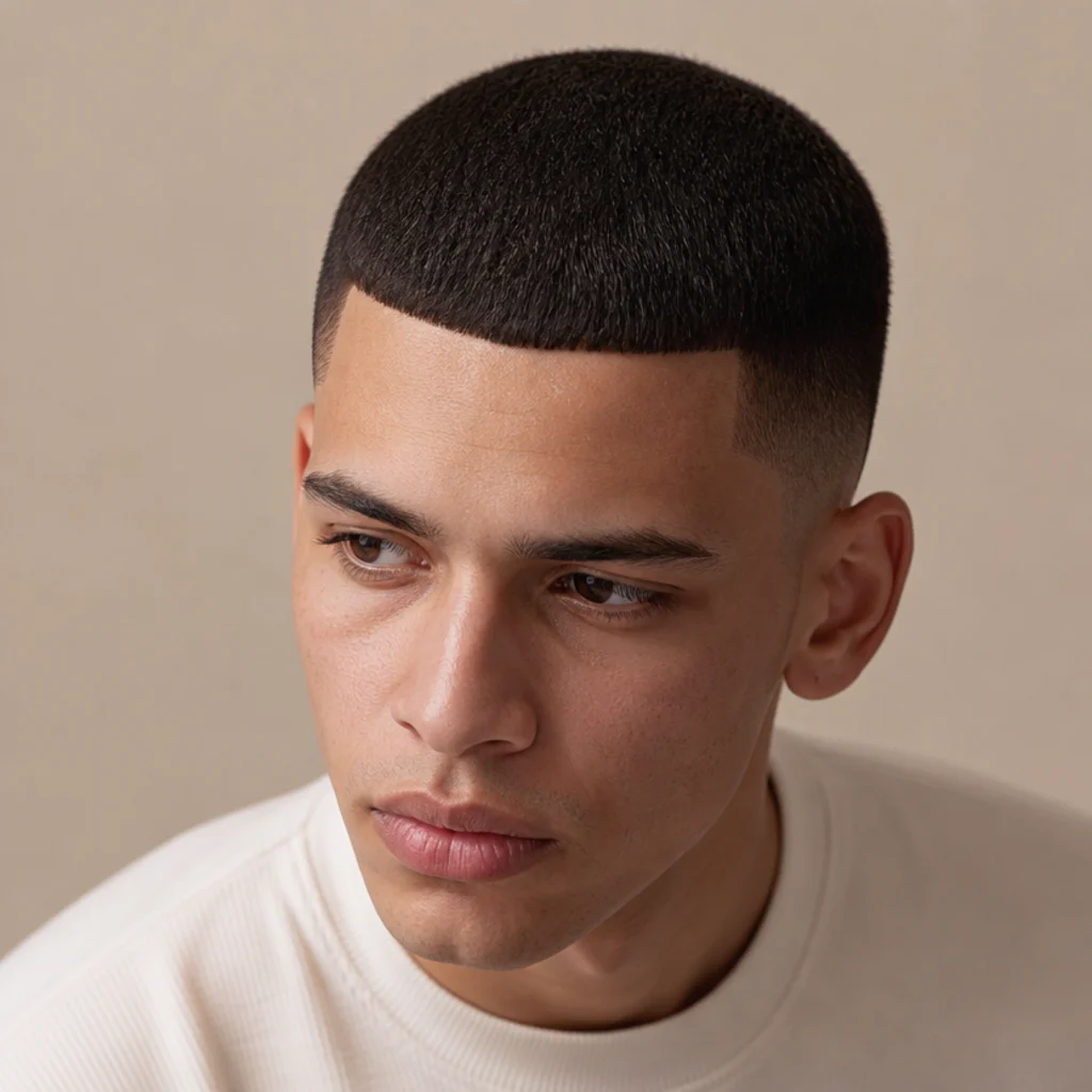 Overhead three-quarter view of a man with an edgar buzz cut, short uniform top and a faint blunt front line on taupe background