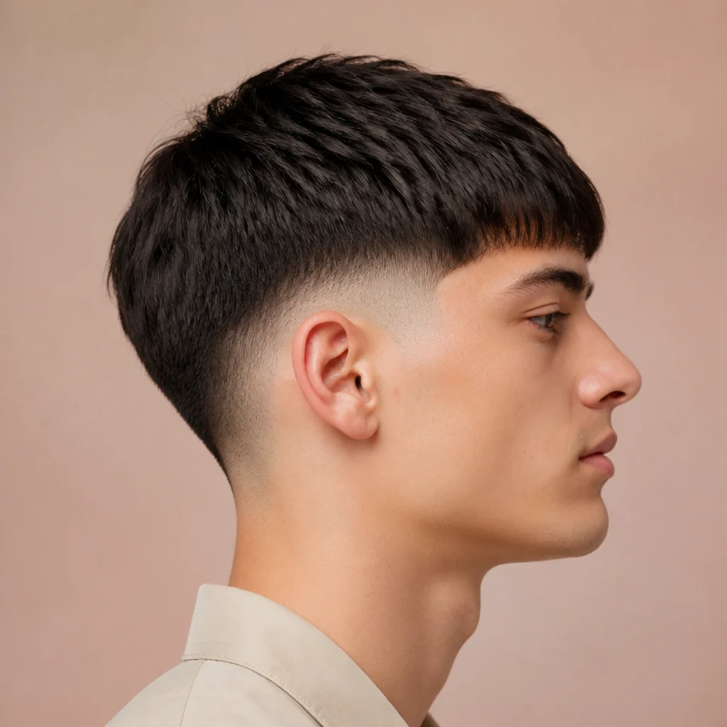Side profile of a man with an edgar cut taper fade, blunt fringe up top blending into a clean mid taper on blush background