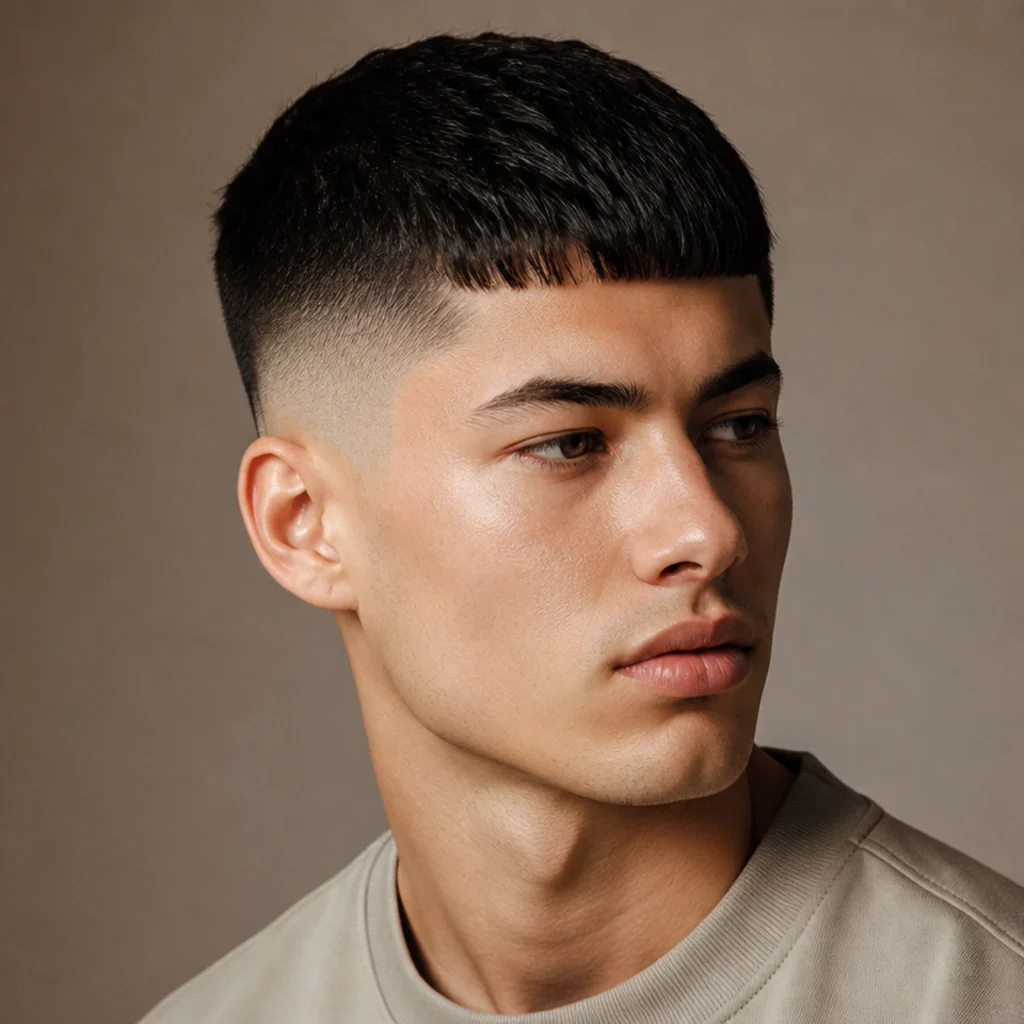 Three-quarter view of a man with a blunt edgar fringe and a sharp mid skin fade exposing skin at the temples on taupe background