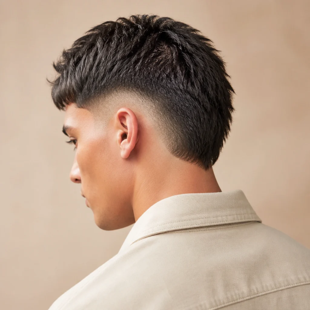 Back three-quarter view of a man with a burst fade edgar, faded arc curving around the ear and blunt fringe on warm ivory background