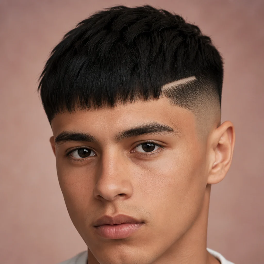 Front view of a man with a blunt edgar fringe and a razored hard part line above a taper fade on blush background