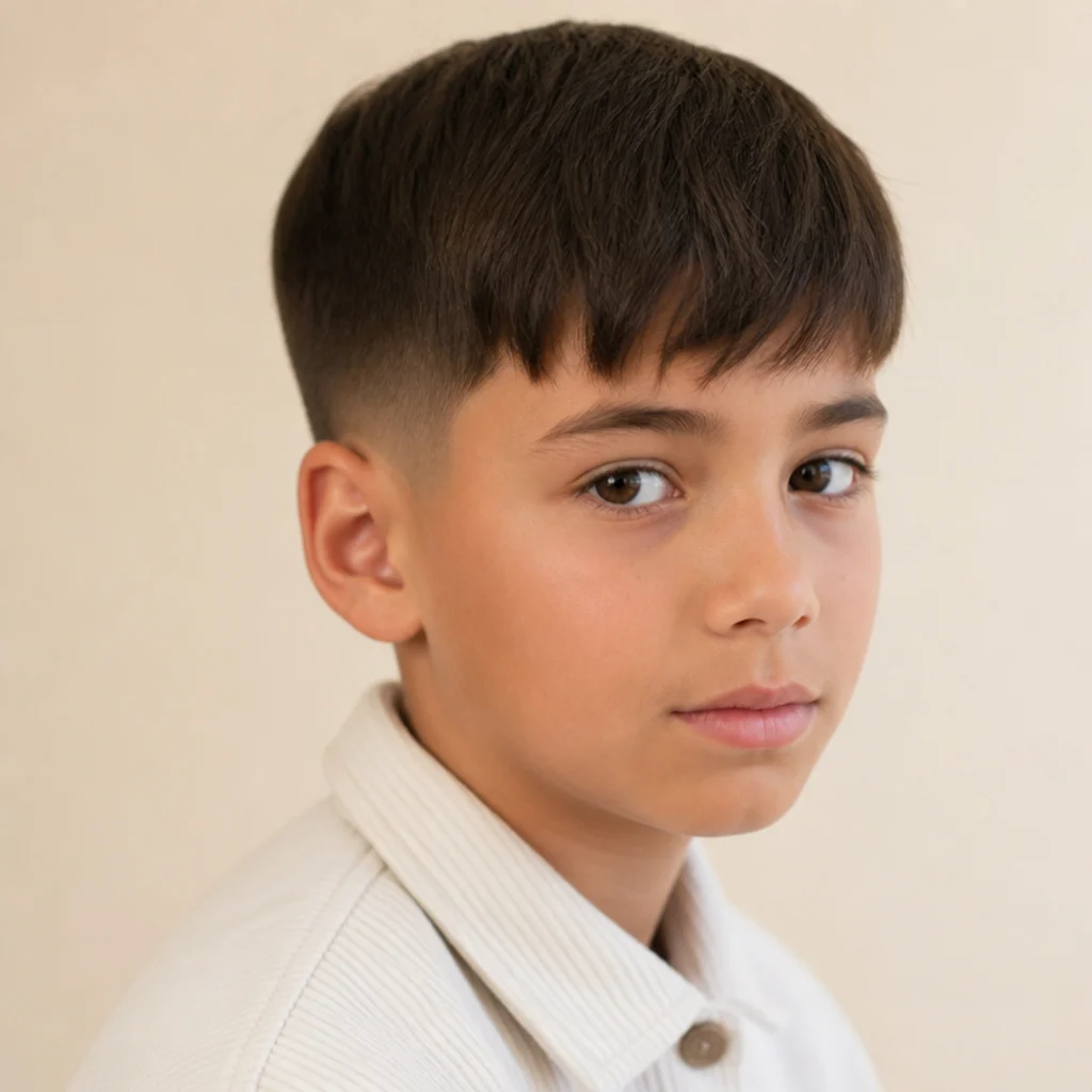 Three-quarter portrait of a young boy with a neat edgar cut, blunt fringe and low taper on warm ivory background