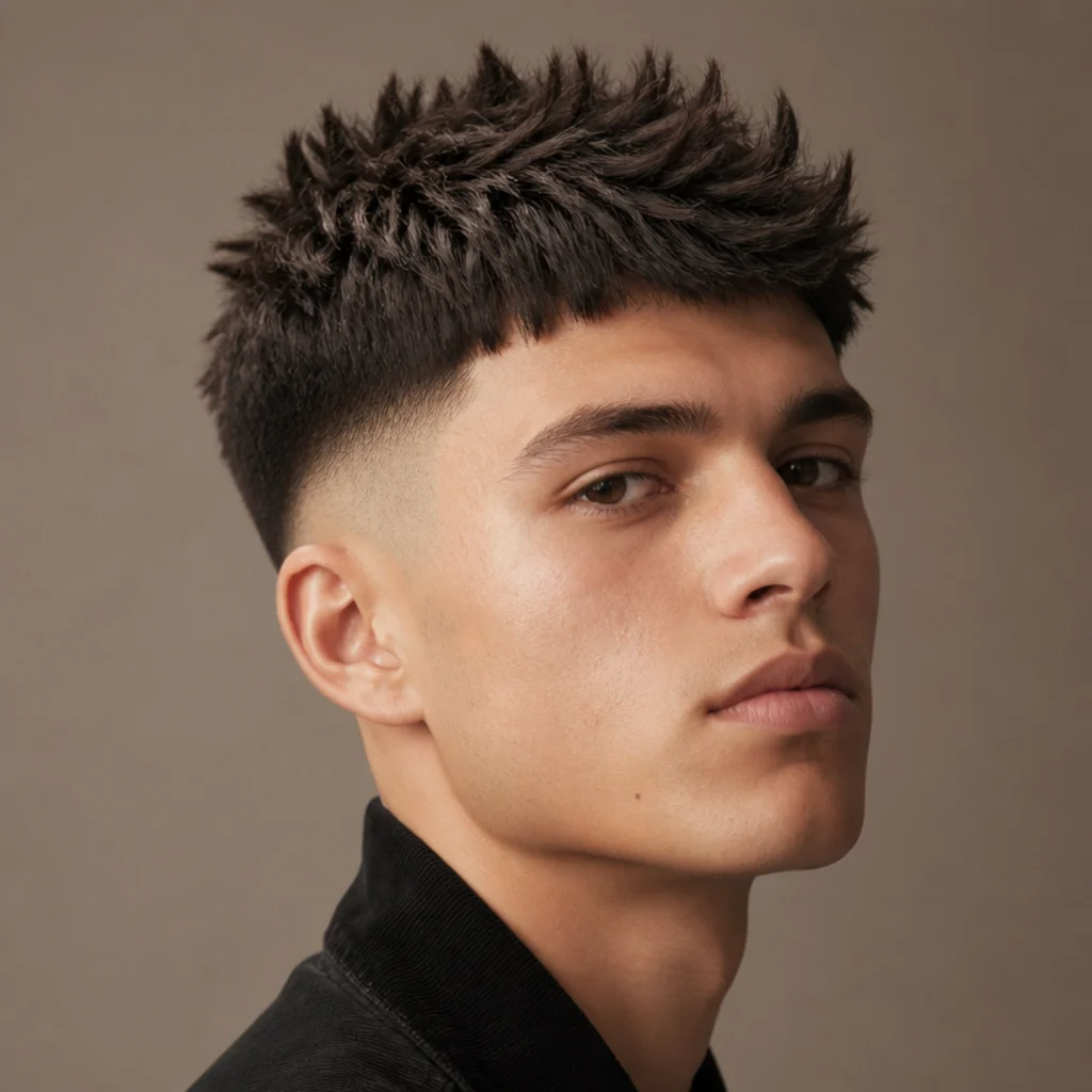 Close three-quarter view of a man with a spiky textured edgar, blunt fringe lifted into piecey spikes on taupe background