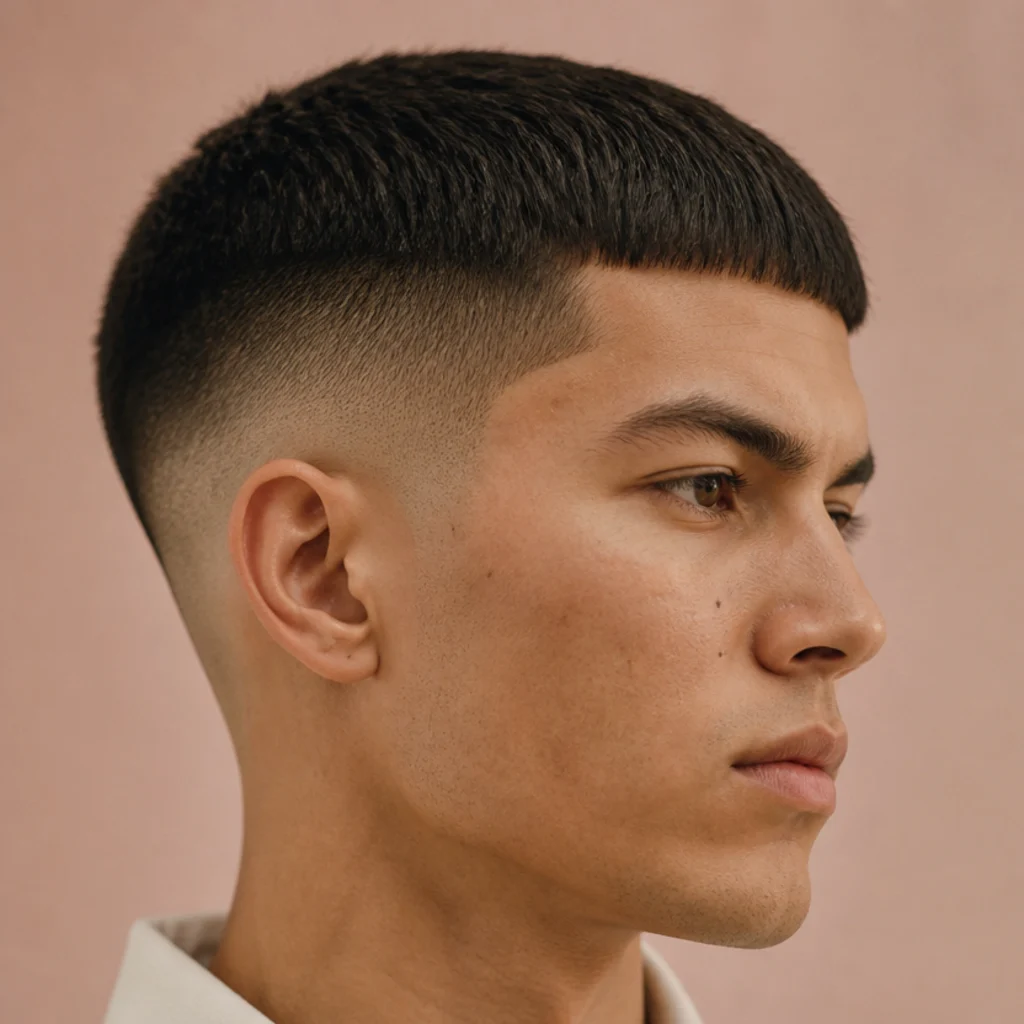 Side view of a man with a blunt edgar fringe and a high skin fade with a sharp weight line on blush background