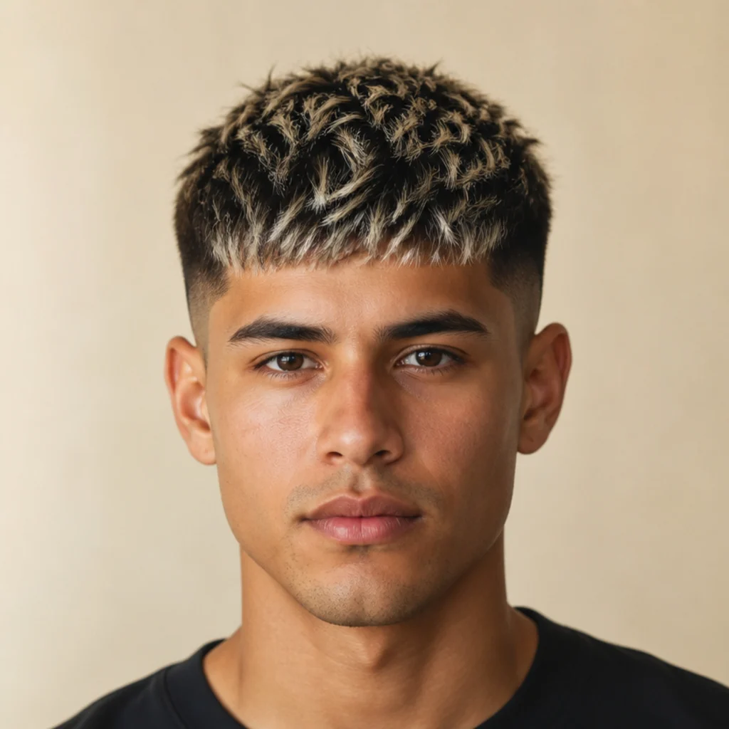 Front-facing portrait of a man with a blunt edgar fringe and frosted blonde tips over a taper fade on warm ivory background