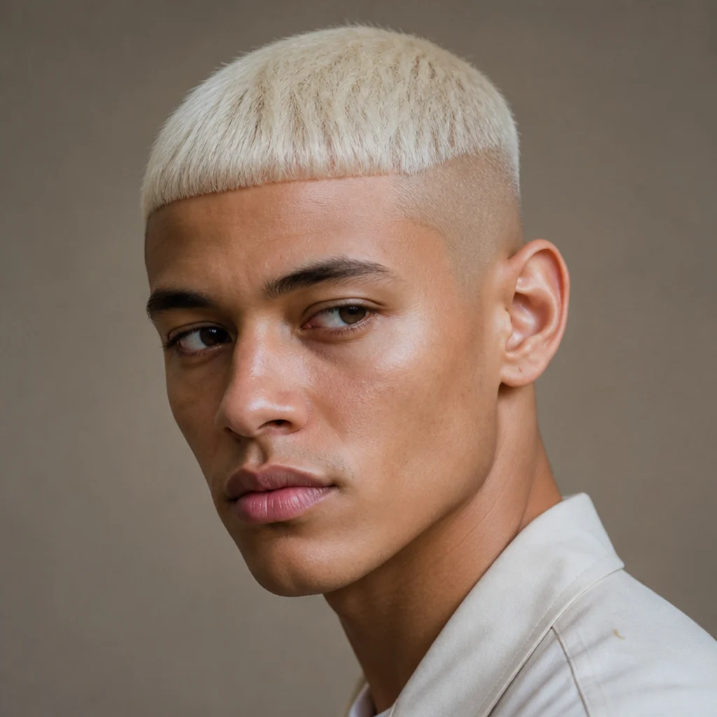 Three-quarter view of a man with a fully bleached blonde blunt edgar fringe and a skin fade on taupe background