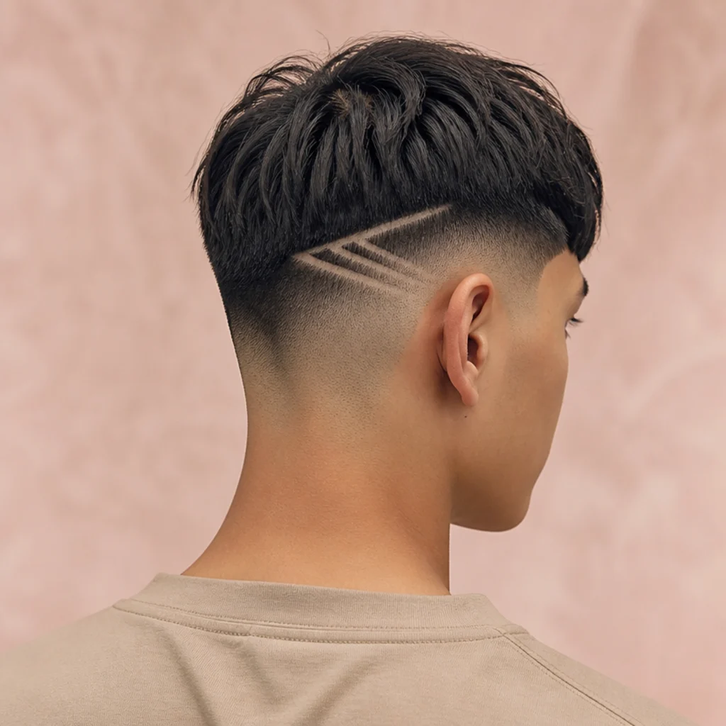 Back view of a man with a blunt edgar fringe and etched geometric design lines shaved into a skin fade on blush background