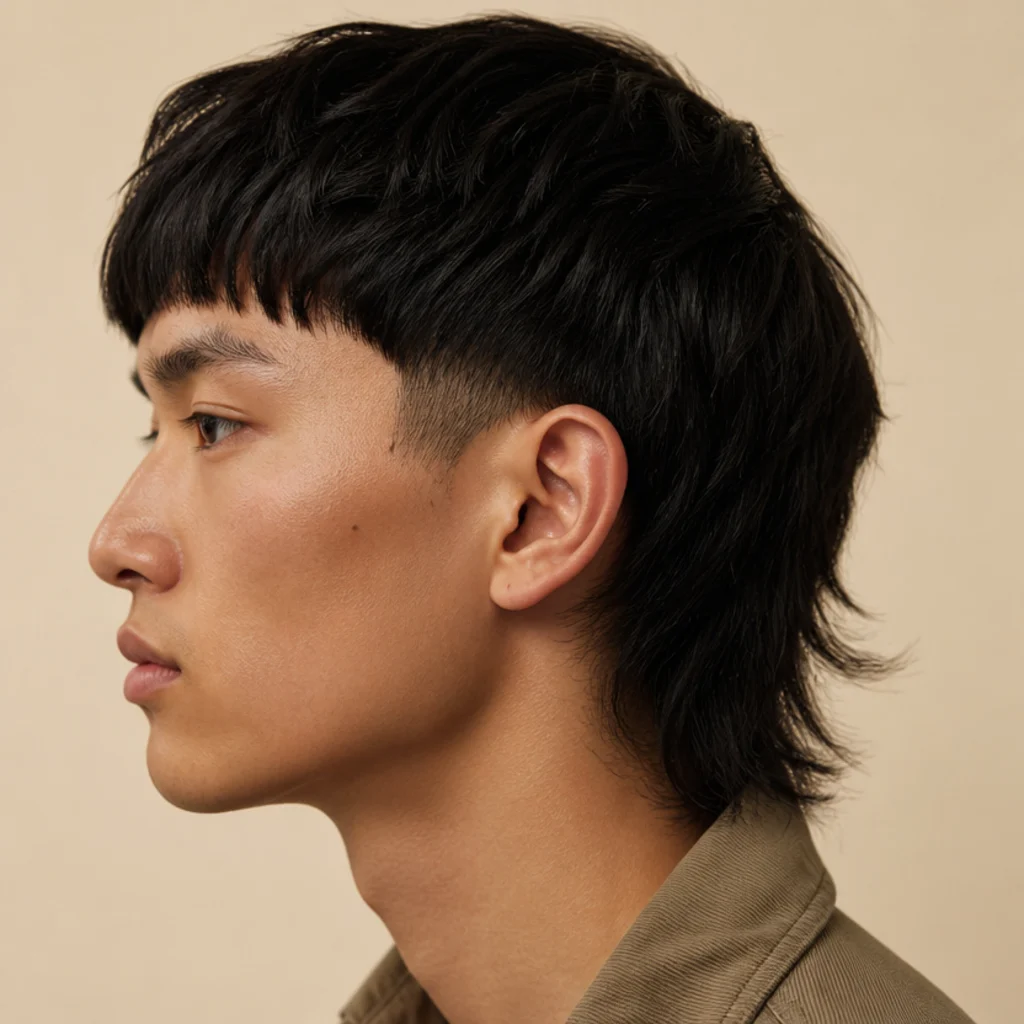 Side profile of a man with a blunt edgar fringe up front and longer mullet length at the back over a taper on warm ivory background