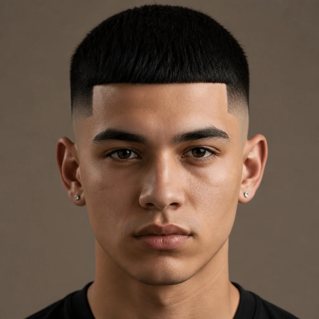 Front-facing studio portrait of a man with a high-contrast statement edgar, sharp blunt fringe, skin fade and clean lines on taupe background