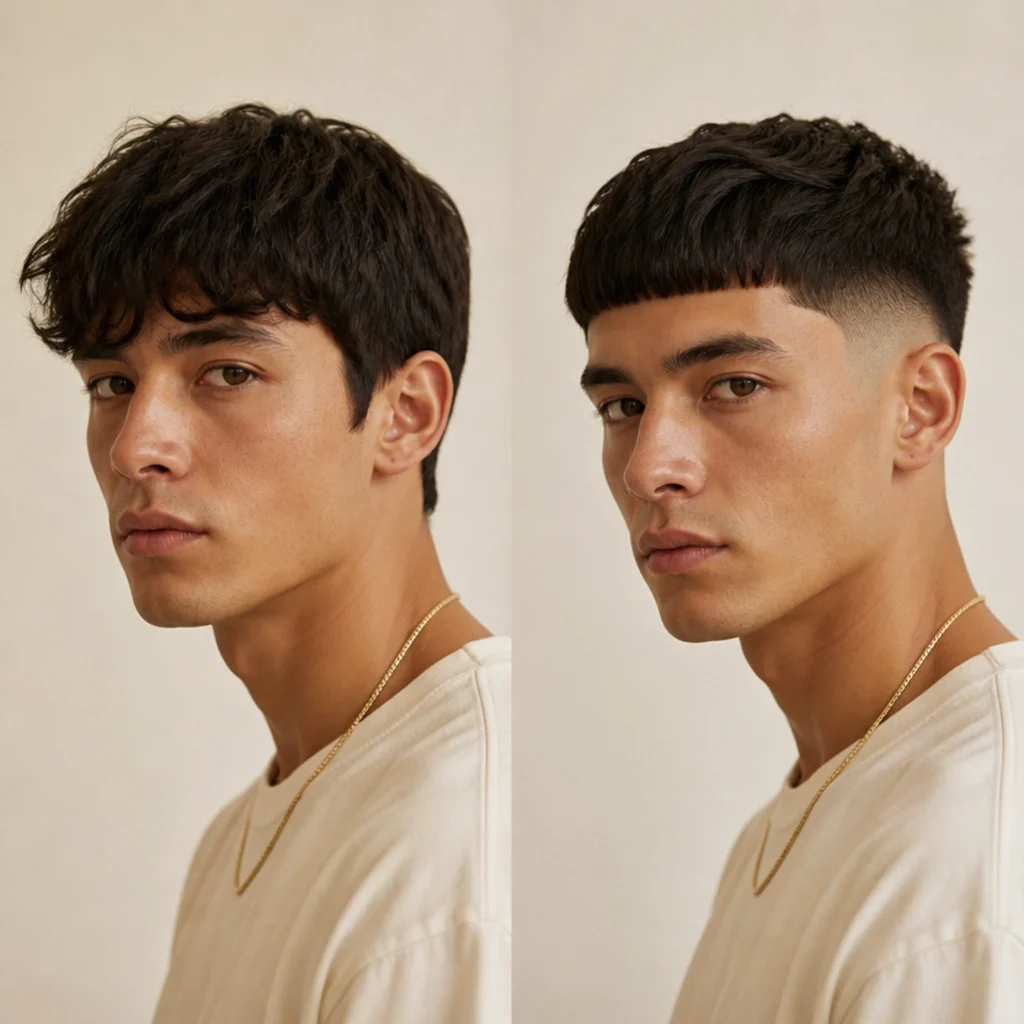 Split three-quarter studio portrait of a young man showing a soft grown-out fringe beside a crisp blunt edgar cut with a taper fade on warm ivory background