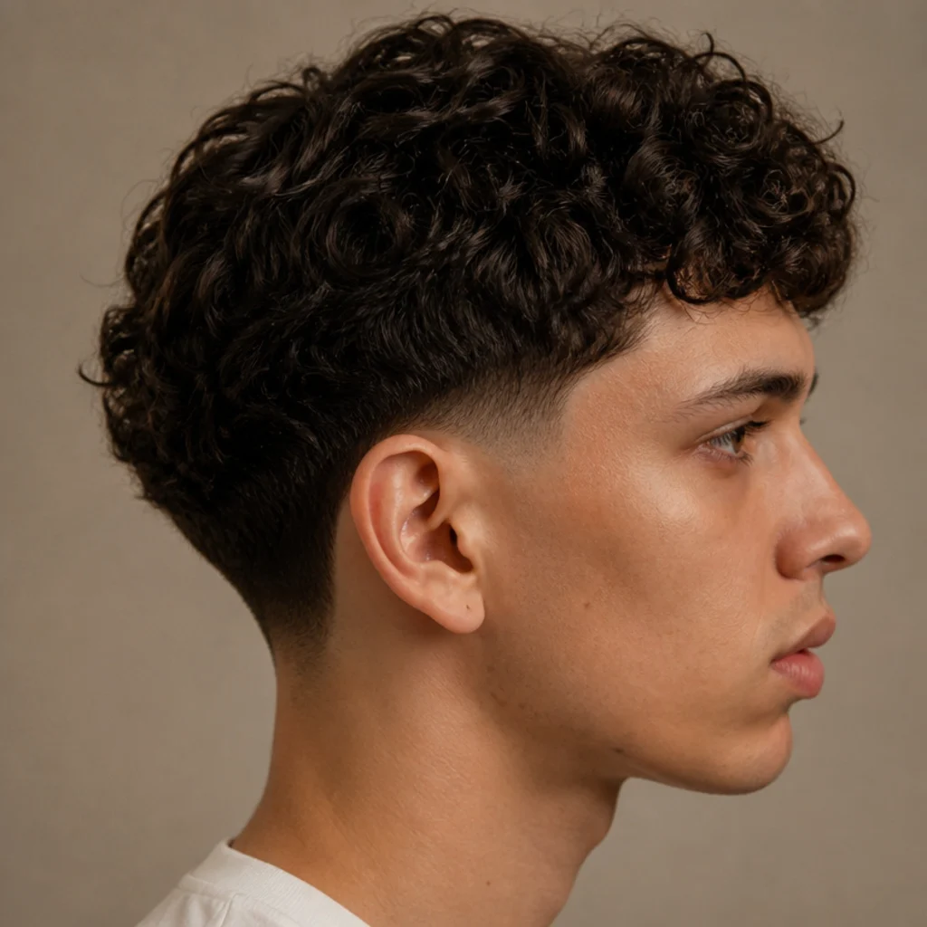 Side profile of a man with a classic curly edgar cut, blunt fringe, and a subtle low taper blended around the ears and nape on a taupe background
