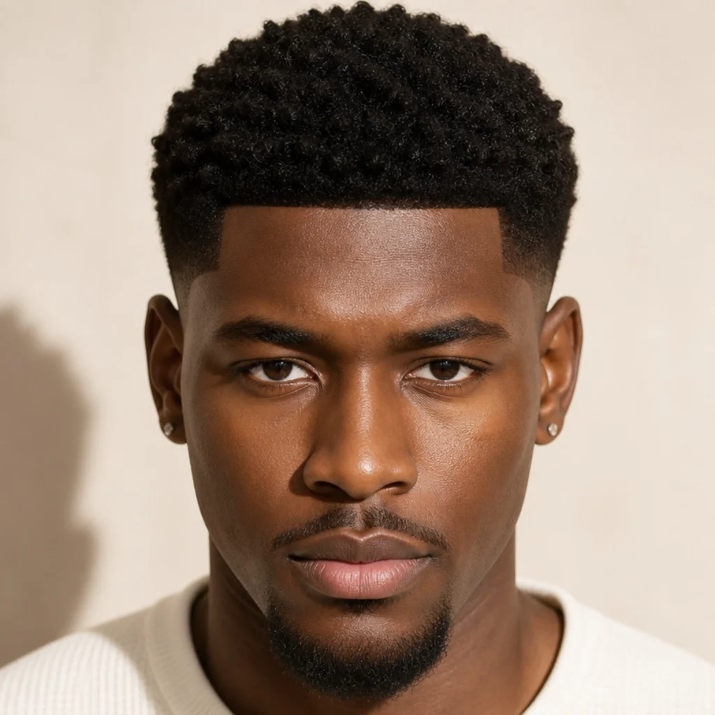 Front-facing portrait of a man with tight 4C coils in a curly edgar cut and a crisp squared line-up across the forehead