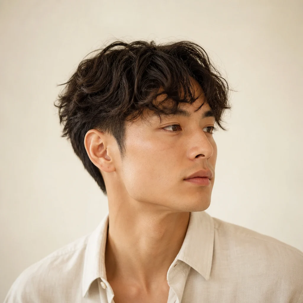 Three-quarter view of a man with loose 2A waves in a soft curly edgar cut and a lightly point-cut fringe on an ivory backdrop