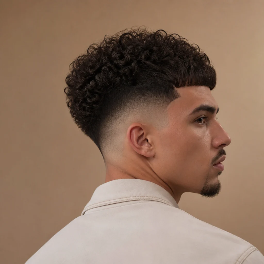 Back-and-side angle of a man with a high skin fade and a tall volume of curls above in a bold curly edgar cut