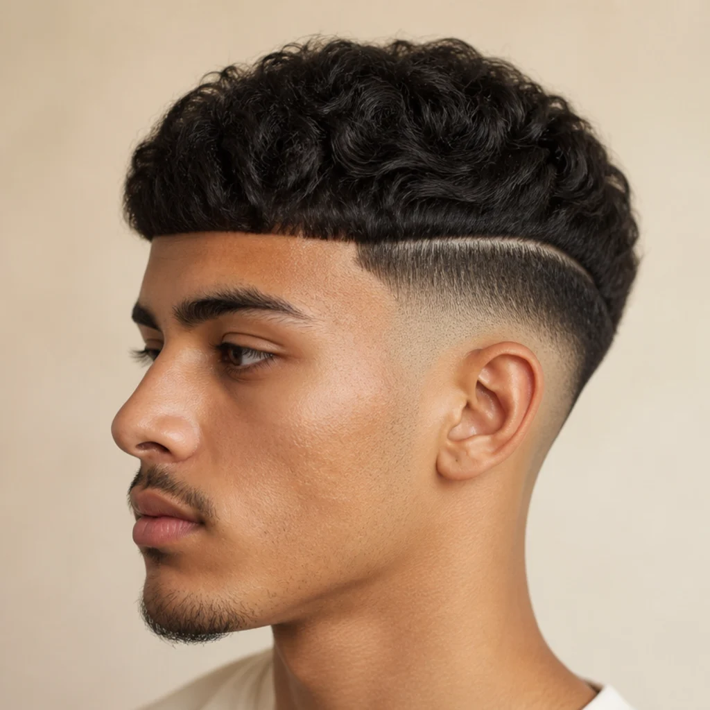 Close side view of a man with a curly edgar cut featuring a razored hard part line above a clean mid fade