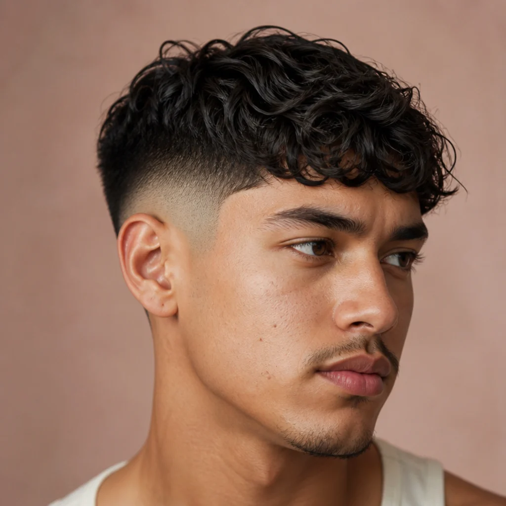 Three-quarter portrait of a man with a soft blurry taper fade and a separated, piecey curly edgar fringe on a blush background