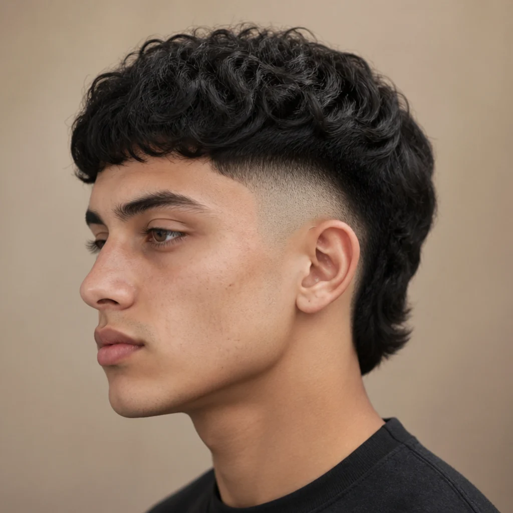 Side view of a man with a burst fade curving in a semicircle around the ear and a curly edgar top, warm taupe studio background