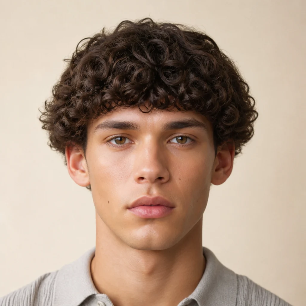 Front view of a man with a rounded, bowl-influenced curly edgar cut and a heavy uniform fringe wrapping at the temples on an ivory backdrop