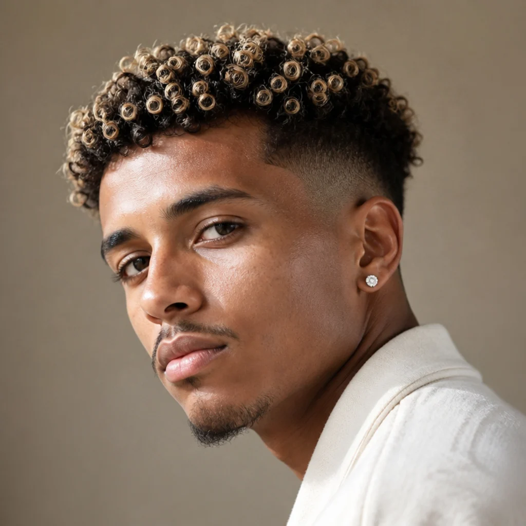 Three-quarter portrait of a man with a curly edgar cut and honey-blond frosted tips over dark roots on a taupe background