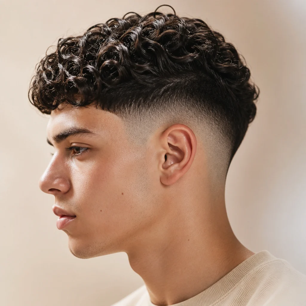 Side profile of a man with a drop fade dipping behind the ear and glossy defined ringlets in a curly edgar cut
