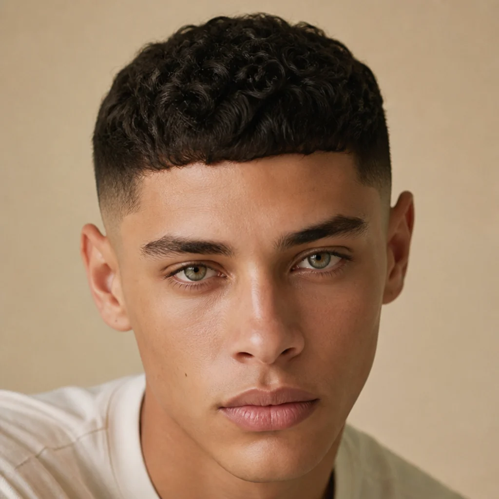 Front-facing portrait of a man with a short cropped curly edgar cut, low-maintenance texture, and a neat blunt fringe