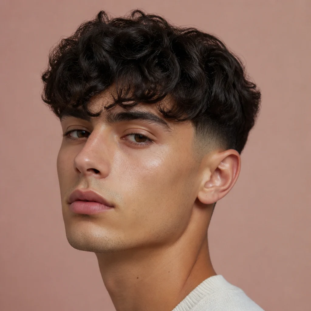 Three-quarter view of a man with a long curly edgar fringe falling toward the brows over a low fade on a blush background