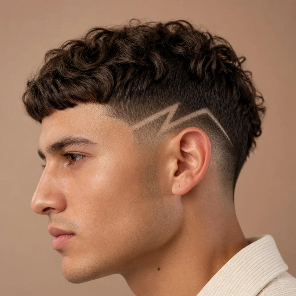Close side view of a man with a curly edgar cut and a subtle geometric line design shaved into the temple fade