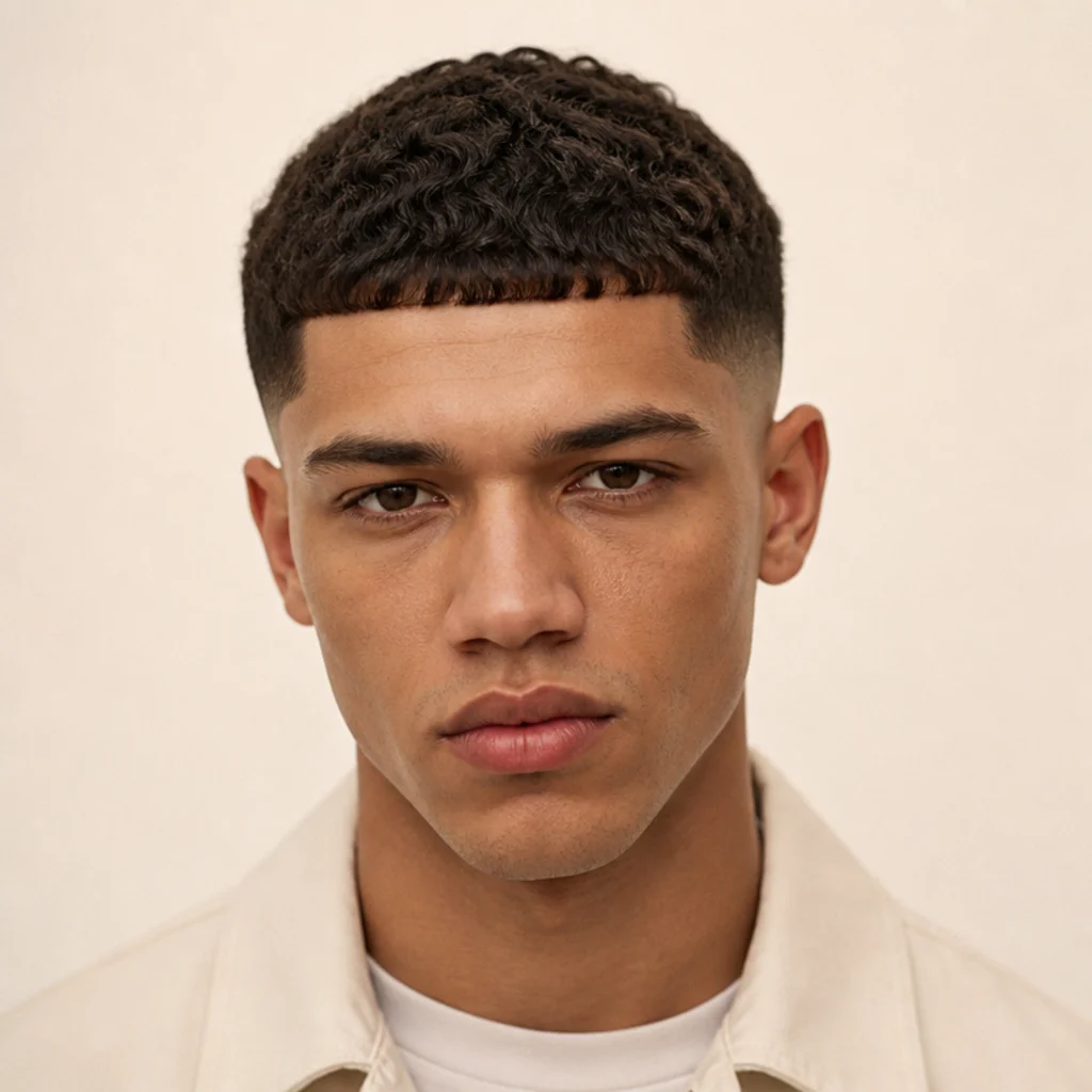Front view of a man with a caesar-influenced curly edgar cut, short even top, and a straight blunt fringe low on the forehead on an ivory backdrop