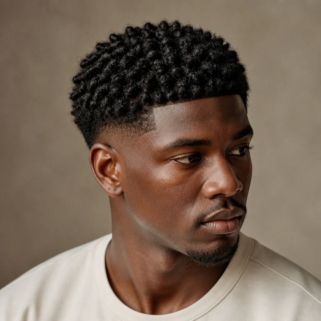 Three-quarter portrait of a man with sponge-twisted curls in a curly edgar cut above a clean mid fade on a taupe background