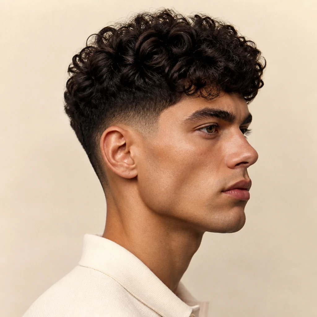 Side portrait of a man with a strong jaw and a curly edgar cut styled with rounded height to complement a square face shape