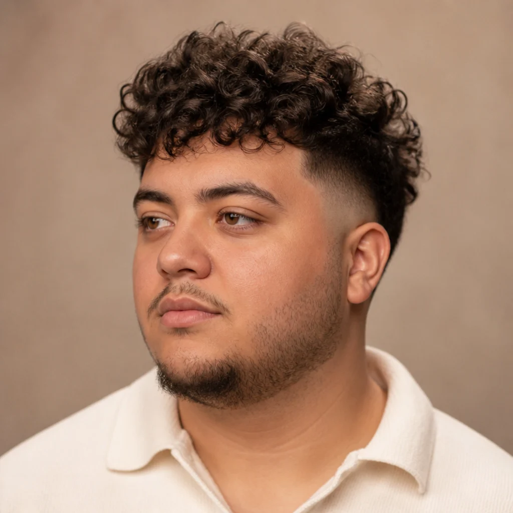 Three-quarter view of a man with a rounder face wearing a curly edgar cut with added top height and a high fade for length