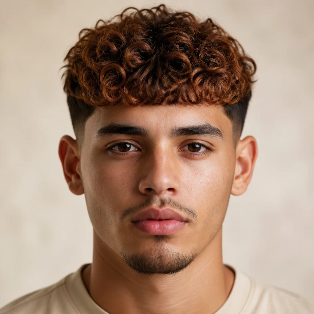 Front-facing portrait of a man with a two-tone curly edgar cut, dark roots melting into a warm auburn curly top