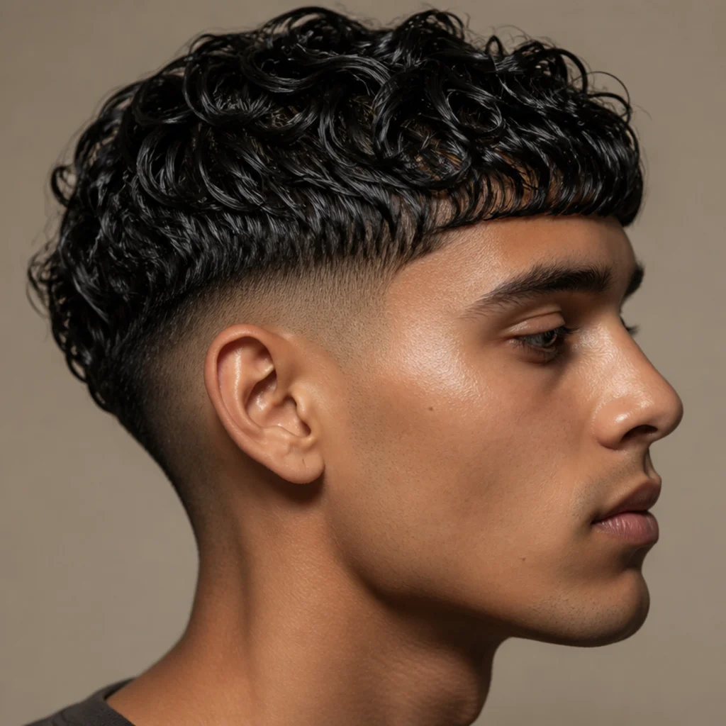 Side profile of a man with a glossy wet-look curly edgar cut, high-shine defined curls, and a clean low fade