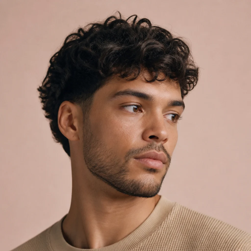 Three-quarter portrait of a man with a softly grown-out curly edgar cut, relaxed fringe past the brow, and a faded-out taper on a blush background