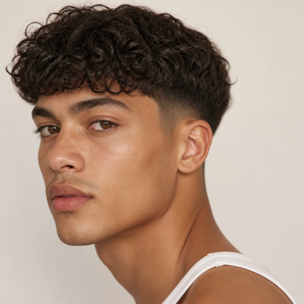 Three-quarter studio portrait of a young man with a curly edgar cut, blunt textured fringe, and a low taper fade against a warm ivory background