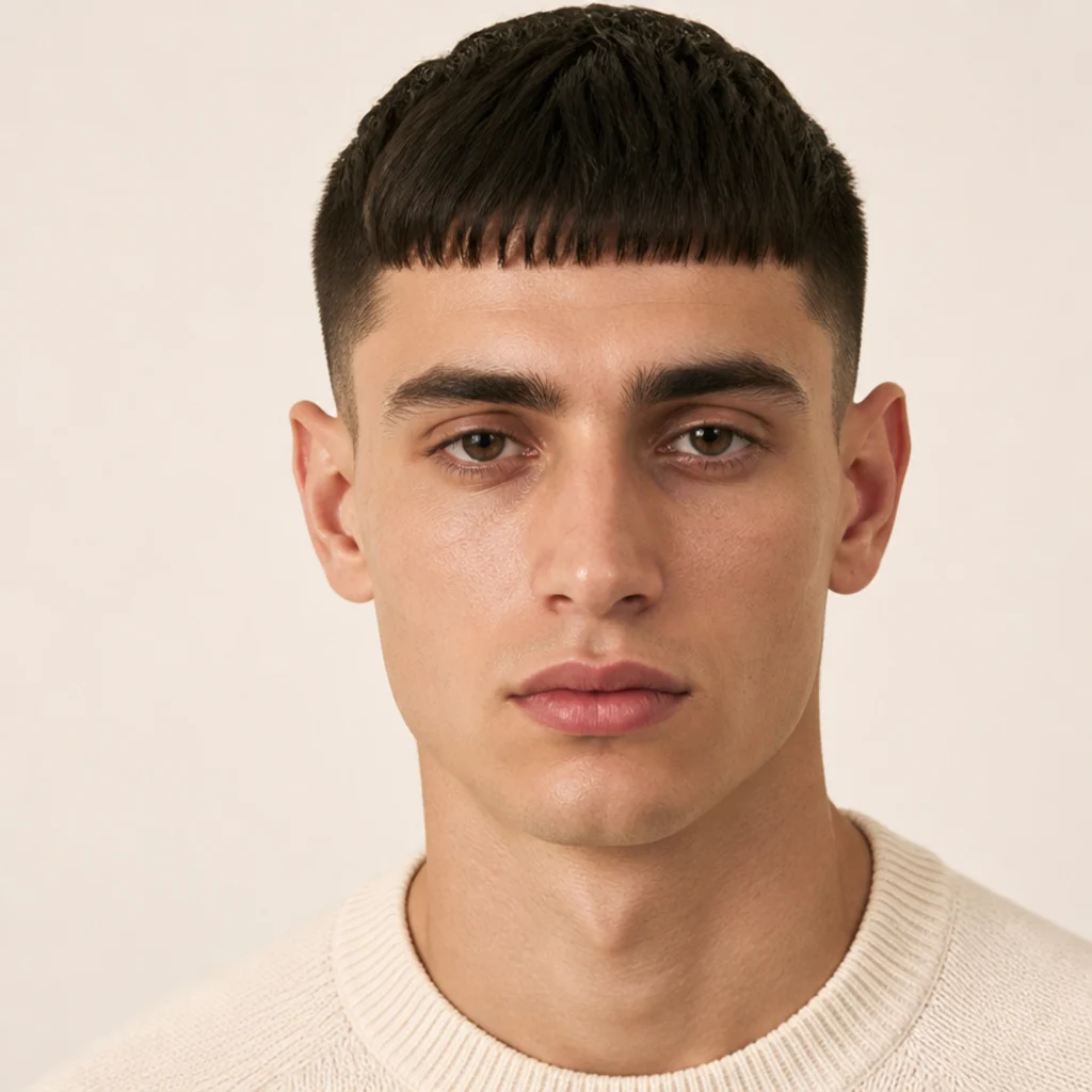 Front view of a model with a classic blunt edgar cut, dense straight fringe cut in a sharp horizontal line just above the brows