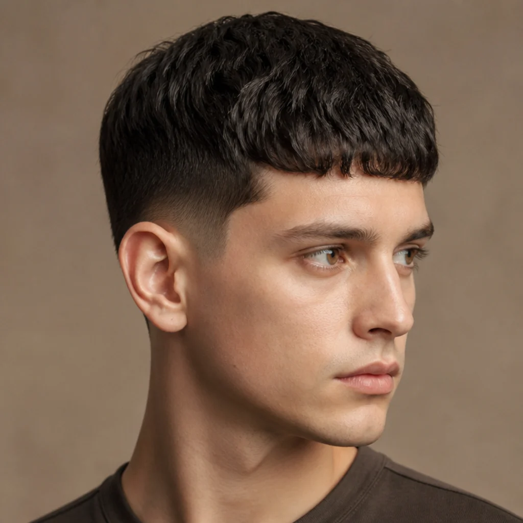 Three-quarter view of an edgar cut with a subtle low taper fade curving cleanly around the ear and nape