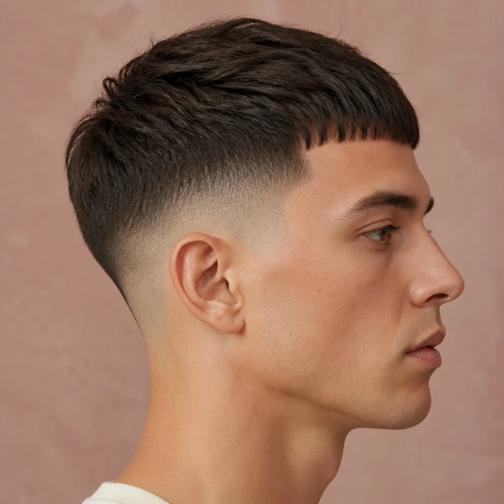 Side profile of a textured mid fade edgar cut showing the gradient beginning cleanly at the temple