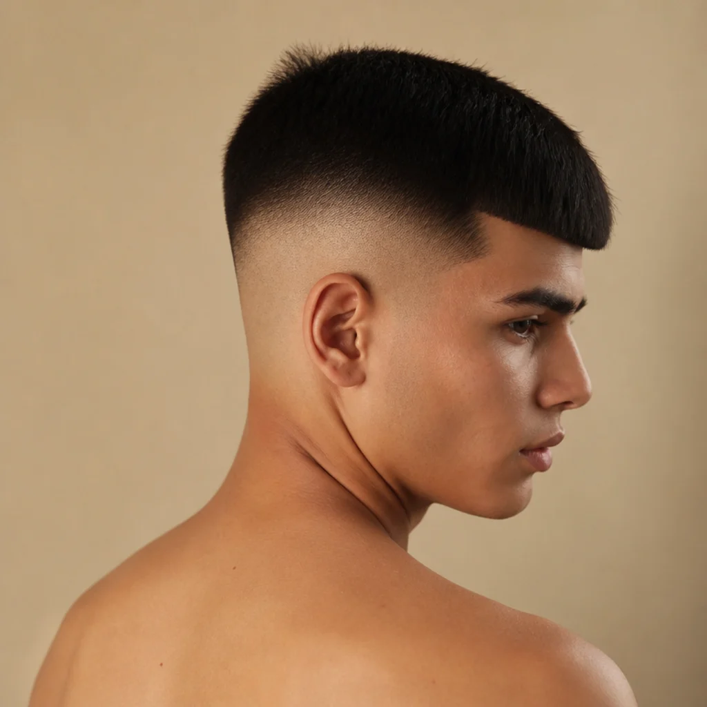Back three-quarter view of a high fade edgar with skin-close sides and a dense, boxy top block