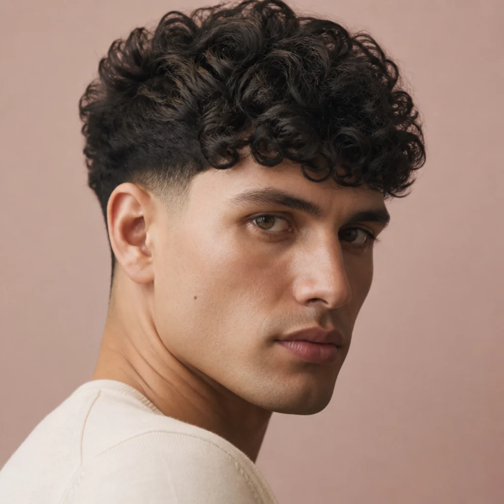 Three-quarter view of a curly edgar cut with defined coils forming a soft forward-swept fringe over faded sides
