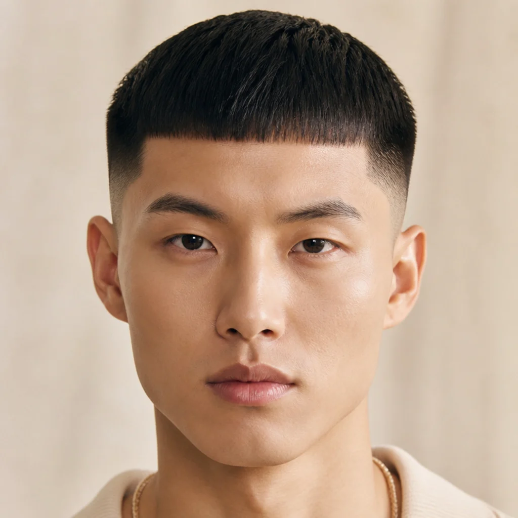 Front view of an edgar cut on sleek straight hair with a razor-sharp, perfectly level blunt fringe line